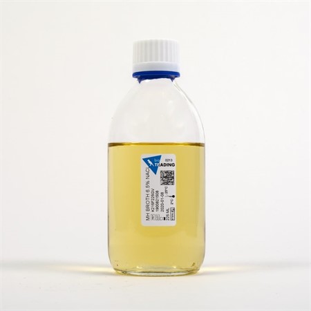 Mueller Hinton Broth + 6.5% NaCl, 225 ml in Alpha bottle 300 ml, white